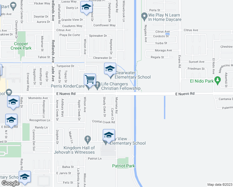 map of restaurants, bars, coffee shops, grocery stores, and more near 1600 Murrieta Road in Perris