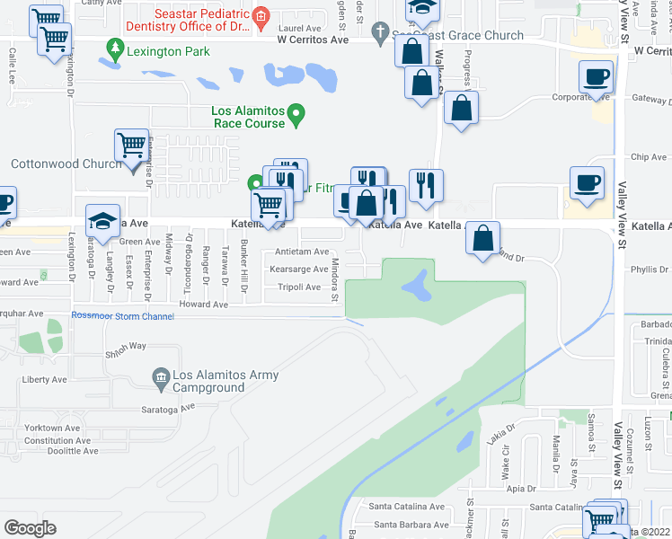 map of restaurants, bars, coffee shops, grocery stores, and more near Mindora St & Kearsarge Ave in Los Alamitos