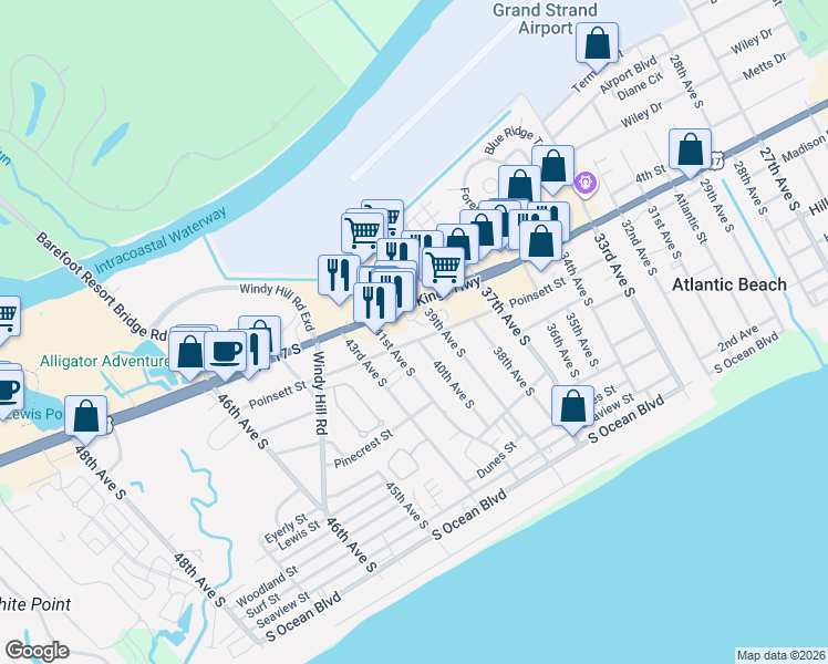 map of restaurants, bars, coffee shops, grocery stores, and more near 4006 Poinsett Street in North Myrtle Beach