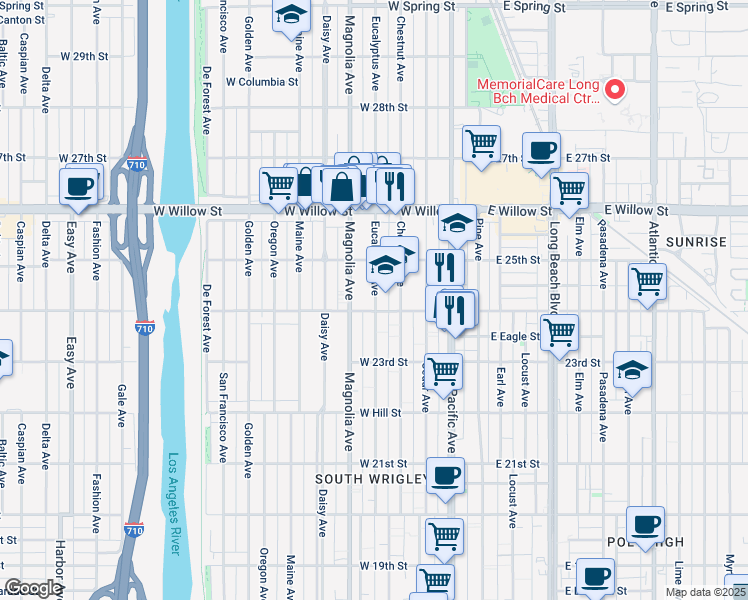 map of restaurants, bars, coffee shops, grocery stores, and more near 2415 Eucalyptus Avenue in Long Beach
