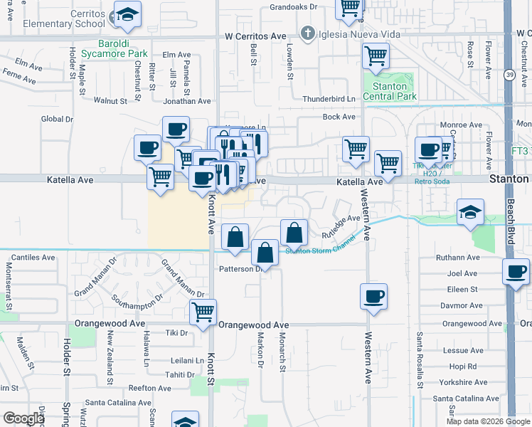 map of restaurants, bars, coffee shops, grocery stores, and more near 7147 Fulton Way in Stanton