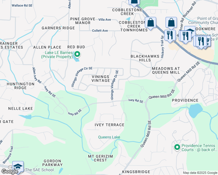 map of restaurants, bars, coffee shops, grocery stores, and more near 303 Vinings Vintage Circle in Mableton