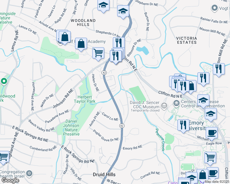map of restaurants, bars, coffee shops, grocery stores, and more near 1635 Briarcliff Road Northeast in Atlanta