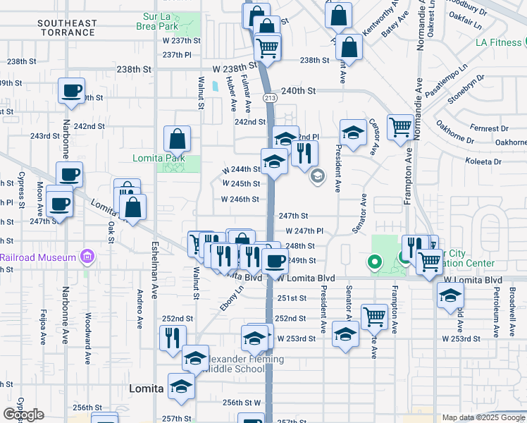 map of restaurants, bars, coffee shops, grocery stores, and more near 24615 South Western Avenue in Lomita