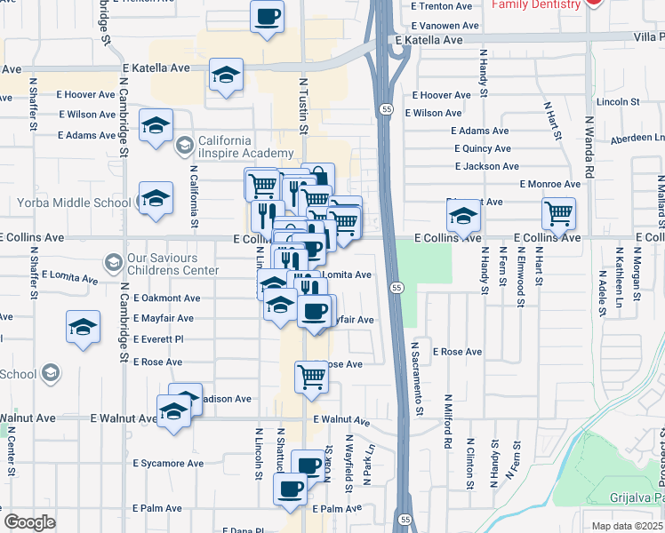 map of restaurants, bars, coffee shops, grocery stores, and more near 1803 East Lomita Avenue in Orange