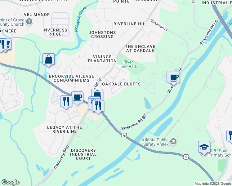 map of restaurants, bars, coffee shops, grocery stores, and more near 6191 Indian Wood Circle in Mableton