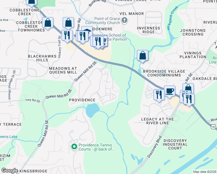 map of restaurants, bars, coffee shops, grocery stores, and more near 6239 Shelburne Park Lane in Mableton