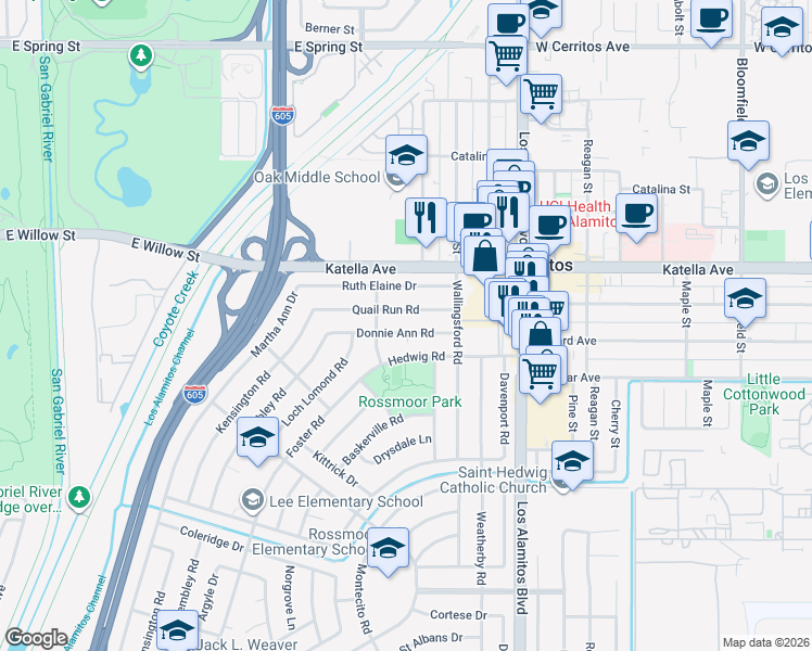 map of restaurants, bars, coffee shops, grocery stores, and more near 3241 Donnie Ann Road in Los Alamitos