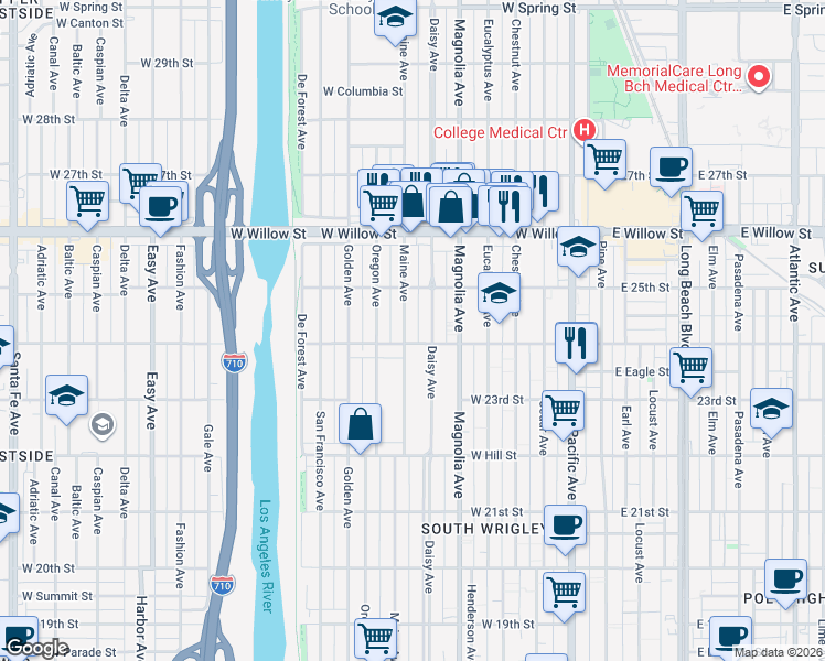 map of restaurants, bars, coffee shops, grocery stores, and more near 2420 Maine Avenue in Long Beach