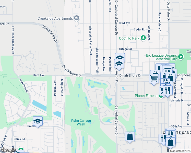 map of restaurants, bars, coffee shops, grocery stores, and more near 68001 Lakeland Drive in Cathedral City