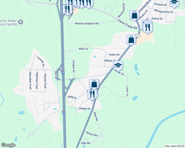 map of restaurants, bars, coffee shops, grocery stores, and more near 155 Dana Road in Warrior