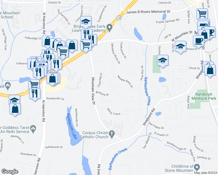 map of restaurants, bars, coffee shops, grocery stores, and more near 5048 Brittany Drive in Stone Mountain