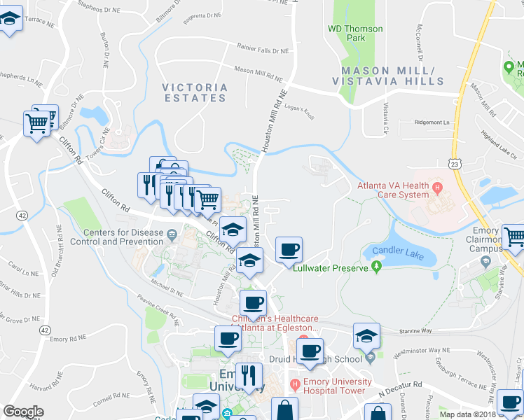 map of restaurants, bars, coffee shops, grocery stores, and more near 753 Houston Mill Road Northeast in Atlanta