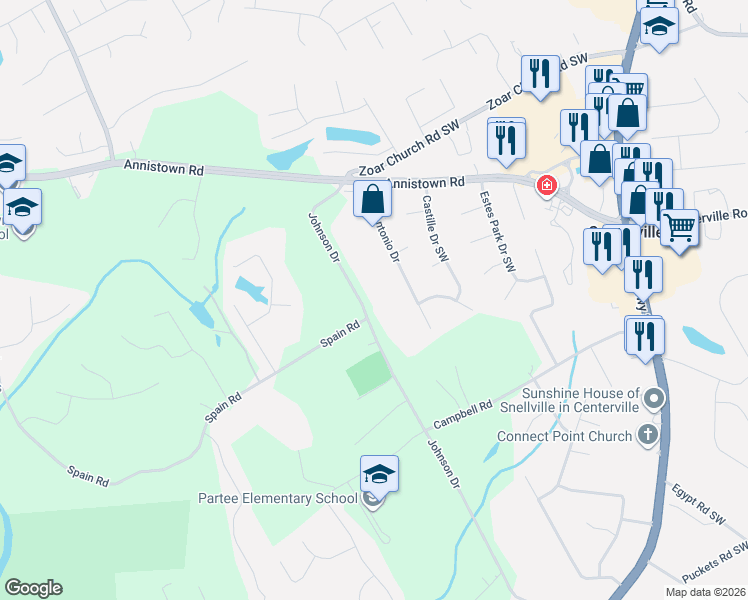 map of restaurants, bars, coffee shops, grocery stores, and more near 3428 Johnson Drive in Snellville