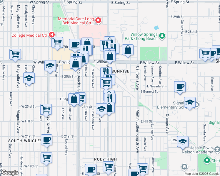 map of restaurants, bars, coffee shops, grocery stores, and more near in Long Beach