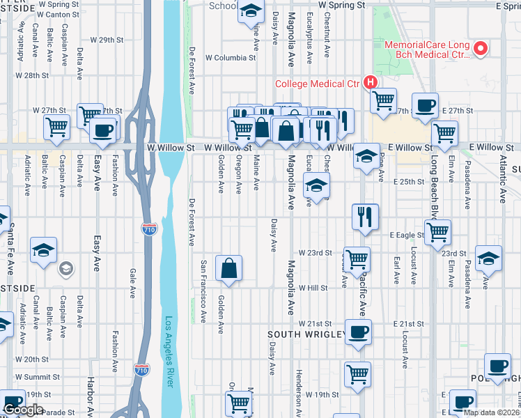 map of restaurants, bars, coffee shops, grocery stores, and more near 2420 Maine Avenue in Long Beach