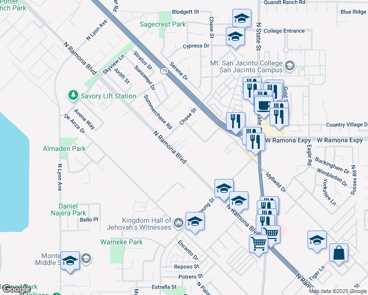 map of restaurants, bars, coffee shops, grocery stores, and more near 1261 North Ramona Boulevard in San Jacinto