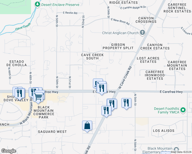 map of restaurants, bars, coffee shops, grocery stores, and more near 34801 North 53rd Street in Cave Creek