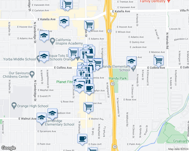 map of restaurants, bars, coffee shops, grocery stores, and more near 1827 East Lomita Avenue in Orange