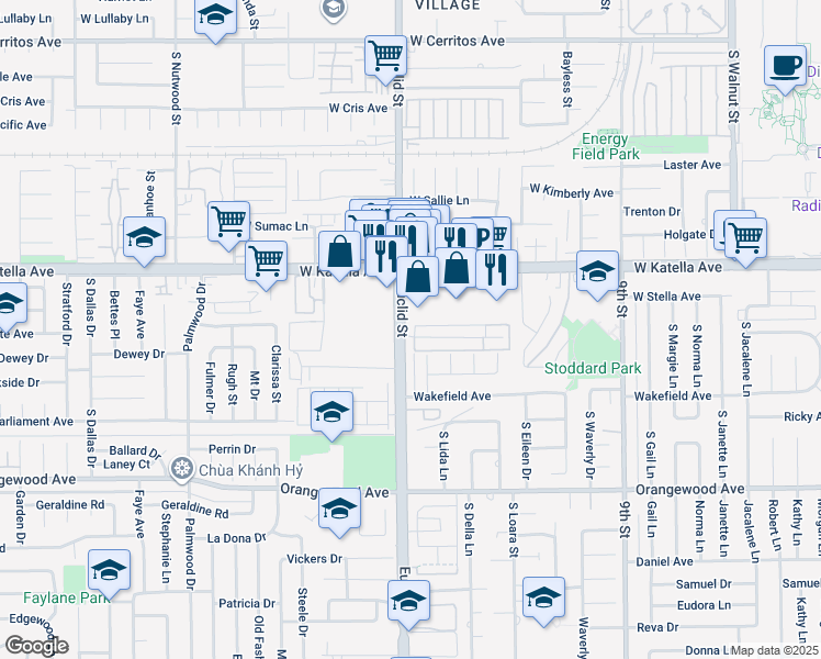 map of restaurants, bars, coffee shops, grocery stores, and more near 1679 West Dudley Avenue in Anaheim