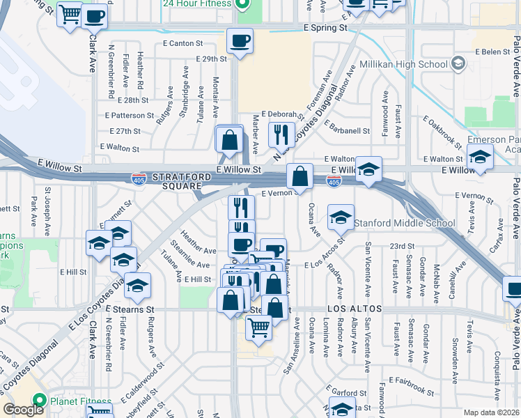 map of restaurants, bars, coffee shops, grocery stores, and more near 2401 Chatwin Avenue in Long Beach