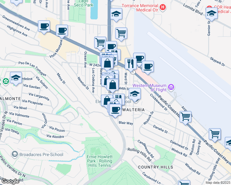 map of restaurants, bars, coffee shops, grocery stores, and more near 24421 Park Street in Torrance