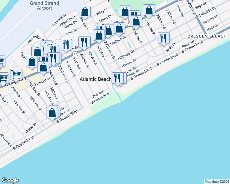 map of restaurants, bars, coffee shops, grocery stores, and more near 2805 South Ocean Boulevard in North Myrtle Beach