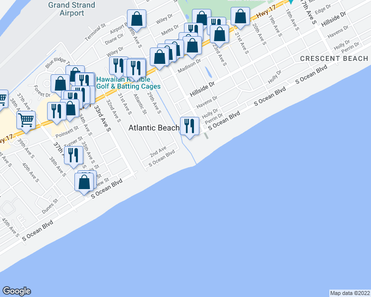 map of restaurants, bars, coffee shops, grocery stores, and more near 2805 South Ocean Boulevard in North Myrtle Beach