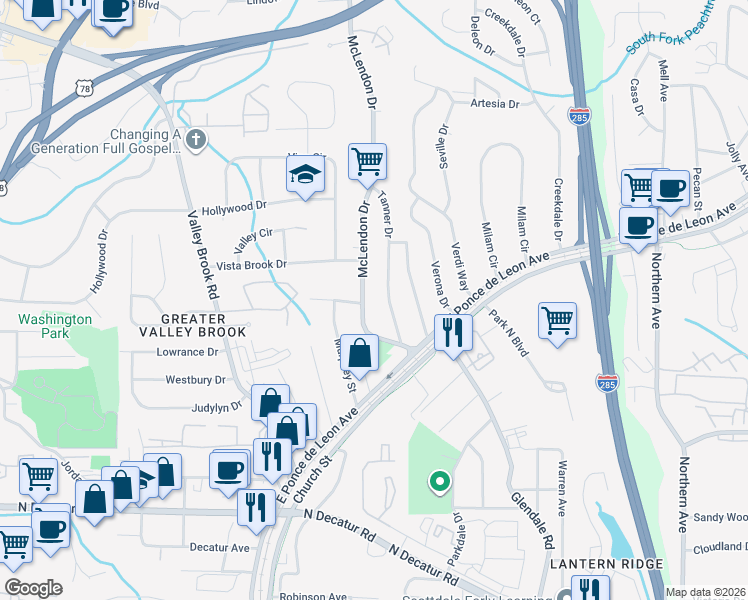 map of restaurants, bars, coffee shops, grocery stores, and more near 799 McLendon Drive in Scottdale