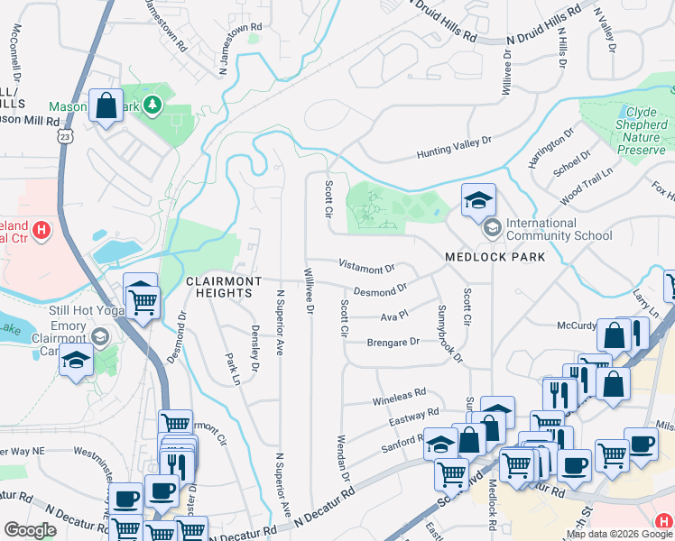 map of restaurants, bars, coffee shops, grocery stores, and more near 2257 Vistamont Drive in Decatur