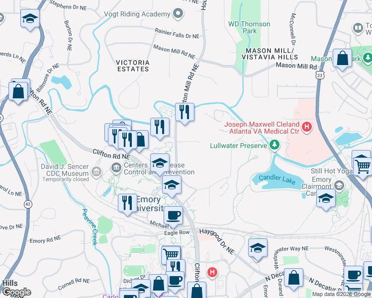 map of restaurants, bars, coffee shops, grocery stores, and more near 753 Houston Mill Road Northeast in Atlanta