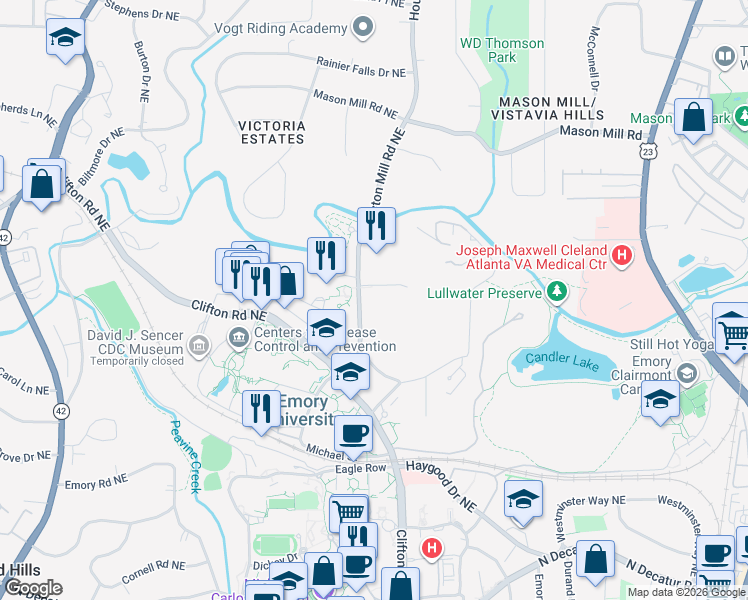map of restaurants, bars, coffee shops, grocery stores, and more near 753 Houston Mill Road Northeast in Atlanta