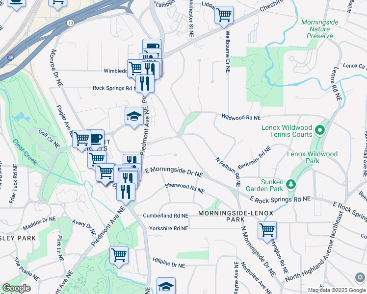 map of restaurants, bars, coffee shops, grocery stores, and more near 1712 North Rock Springs Road Northeast in Atlanta