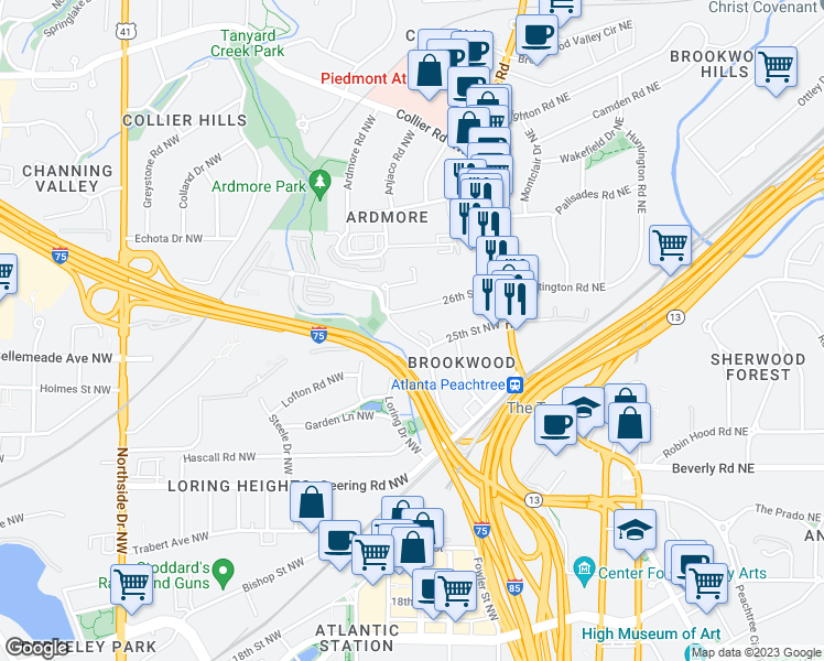 map of restaurants, bars, coffee shops, grocery stores, and more near 67 25th Street Northwest in Atlanta