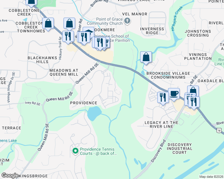 map of restaurants, bars, coffee shops, grocery stores, and more near 6235 Shelburne Park Lane in Mableton