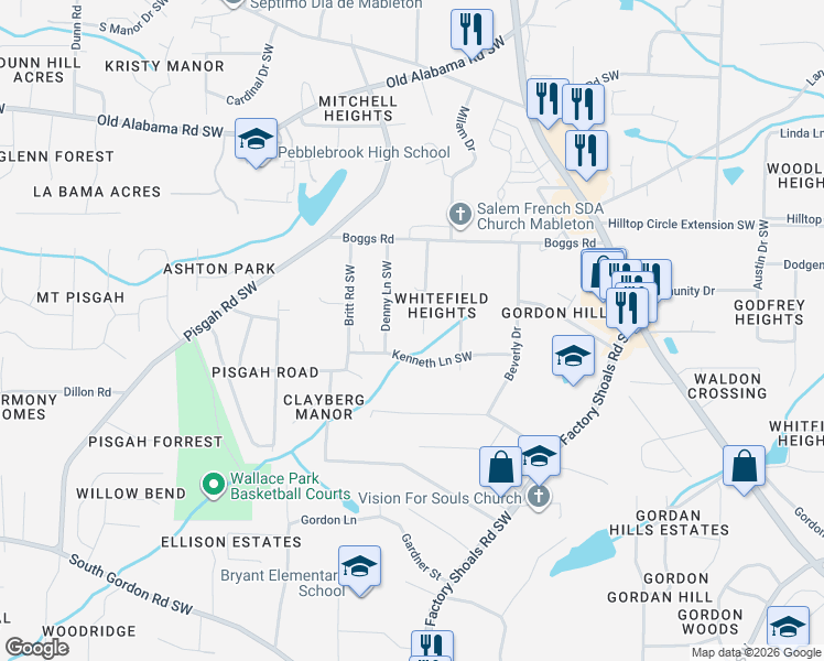 map of restaurants, bars, coffee shops, grocery stores, and more near 6268 Florrie Drive Southwest in Mableton