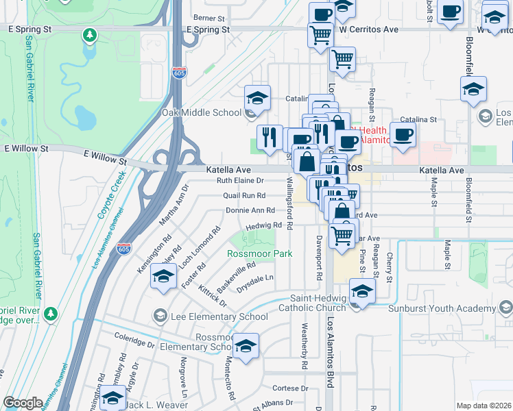 map of restaurants, bars, coffee shops, grocery stores, and more near 3261 Donnie Ann Road in Los Alamitos