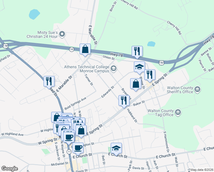 map of restaurants, bars, coffee shops, grocery stores, and more near 205 Glen Iris Drive in Monroe