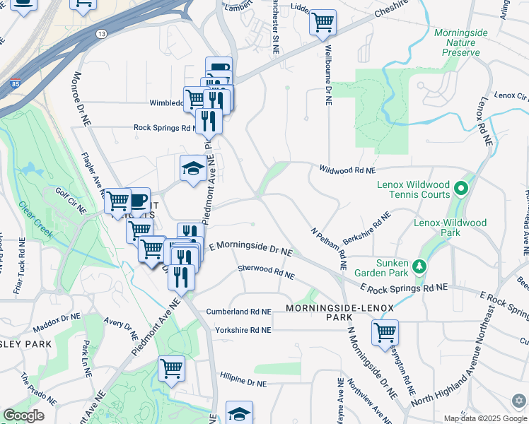 map of restaurants, bars, coffee shops, grocery stores, and more near 1712 North Rock Springs Road Northeast in Atlanta