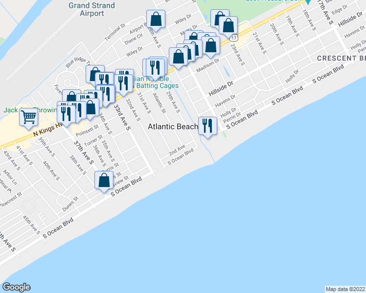 map of restaurants, bars, coffee shops, grocery stores, and more near 201 Atlantic Street in Atlantic Beach