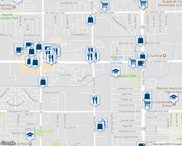 map of restaurants, bars, coffee shops, grocery stores, and more near 11061 Eaton Way in Stanton
