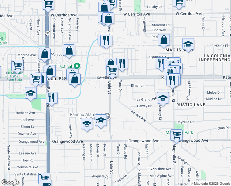 map of restaurants, bars, coffee shops, grocery stores, and more near 8532 Adah Street in Garden Grove