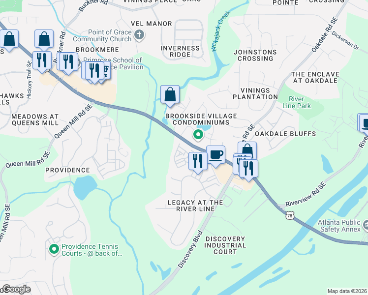 map of restaurants, bars, coffee shops, grocery stores, and more near 1226 Olde Legacy Lane in Mableton