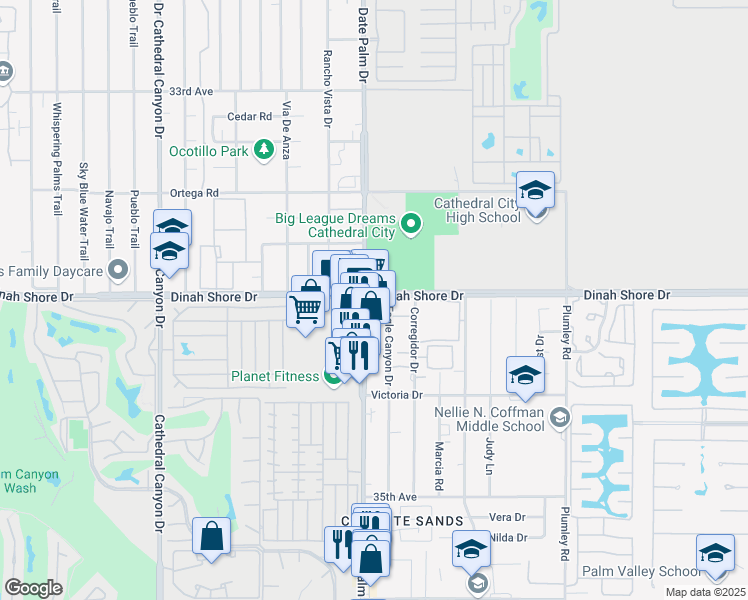 map of restaurants, bars, coffee shops, grocery stores, and more near 69035 Dinah Shore Drive in Cathedral City