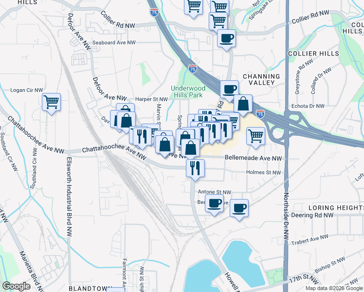 map of restaurants, bars, coffee shops, grocery stores, and more near 18 White Street Northwest in Atlanta