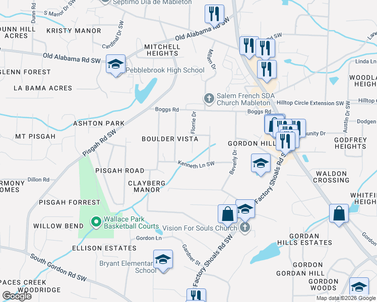 map of restaurants, bars, coffee shops, grocery stores, and more near 6268 Florrie Drive Southwest in Mableton