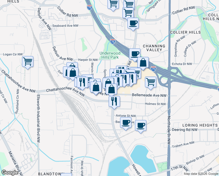 map of restaurants, bars, coffee shops, grocery stores, and more near 18 White Street Northwest in Atlanta