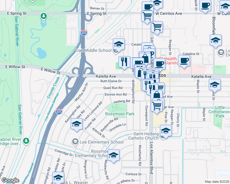 map of restaurants, bars, coffee shops, grocery stores, and more near 3241 Donnie Ann Road in Los Alamitos