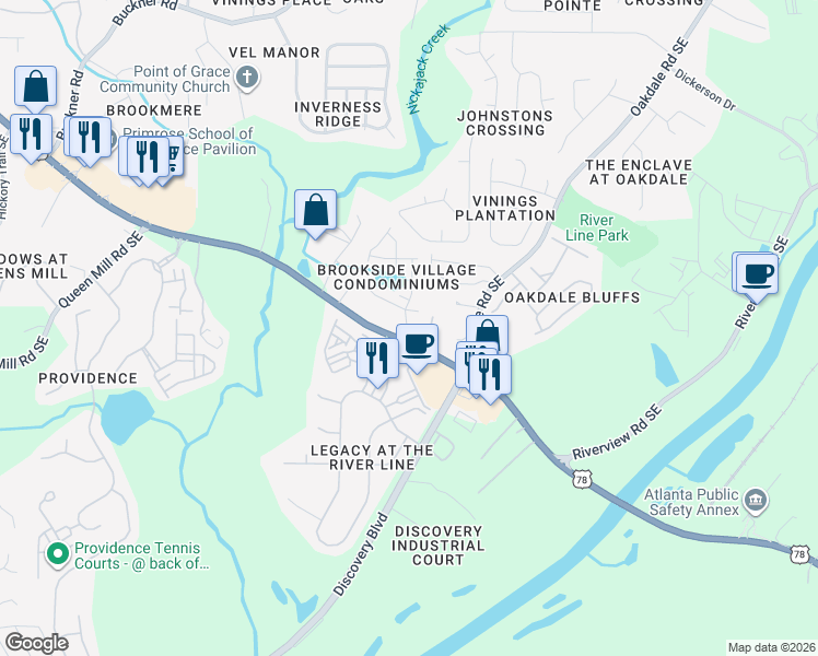 map of restaurants, bars, coffee shops, grocery stores, and more near 6600 Brooklyn Court Southeast in Mableton