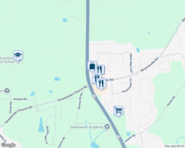 map of restaurants, bars, coffee shops, grocery stores, and more near 6391 Hiram Douglasville Highway in Powder Springs